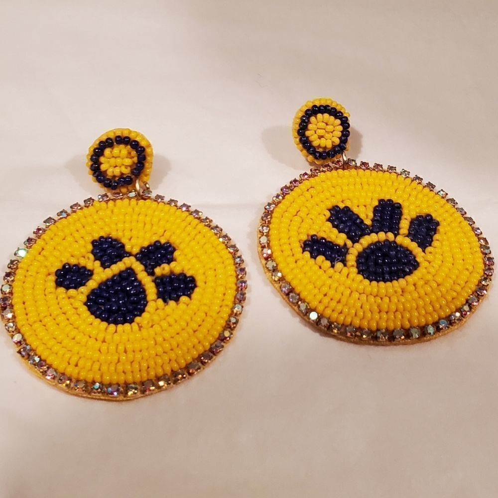 NEW LSU TIGER PAW RICE BEAD RHINESTONE DANGLE EARRINGS